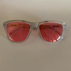 Goodr sunglasses, grey frame, pink lens